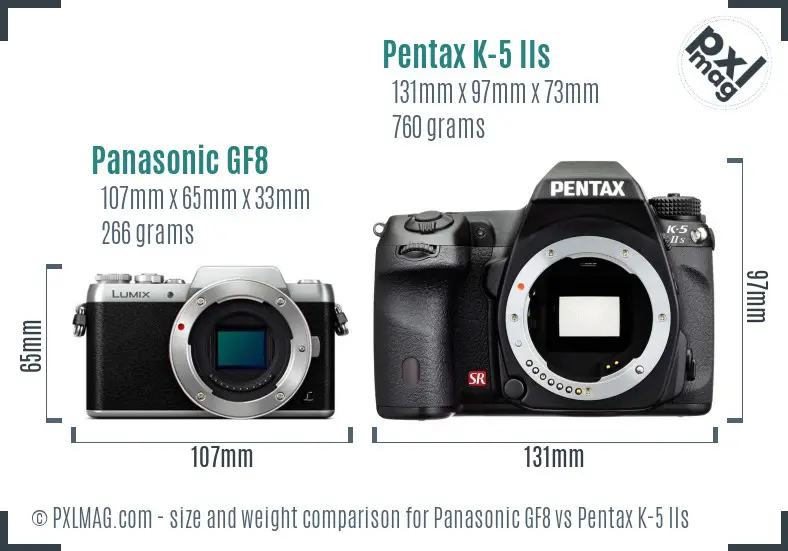 Panasonic GF8 vs Pentax K-5 IIs size comparison