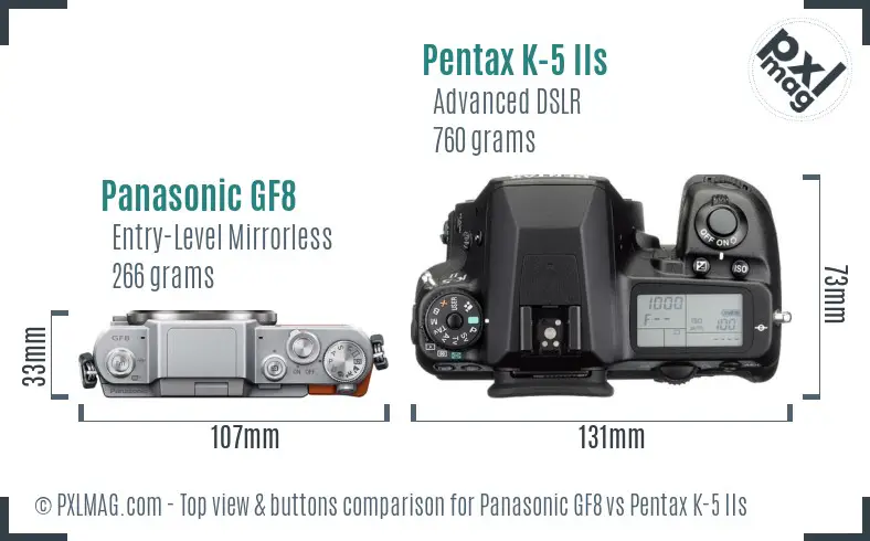 Panasonic GF8 vs Pentax K-5 IIs top view buttons comparison
