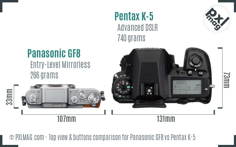 Panasonic GF8 vs Pentax K-5 top view buttons comparison