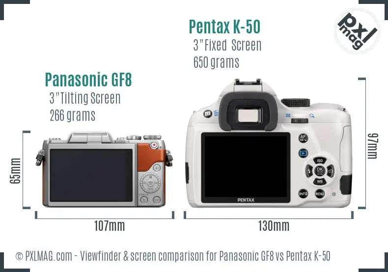 Panasonic GF8 vs Pentax K-50 Screen and Viewfinder comparison