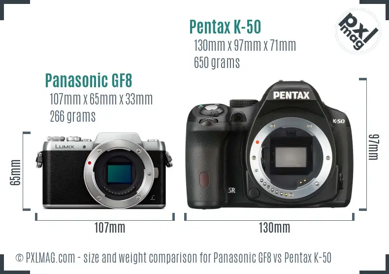 Panasonic GF8 vs Pentax K-50 size comparison