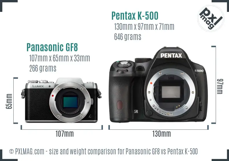 Panasonic GF8 vs Pentax K-500 size comparison
