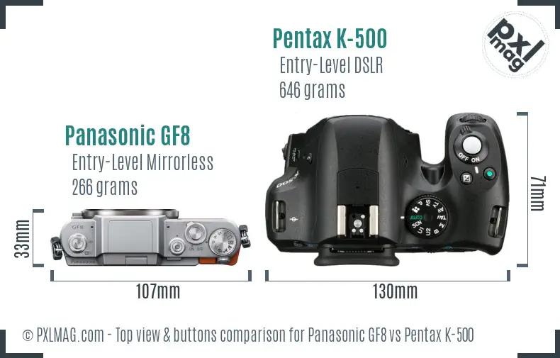 Panasonic GF8 vs Pentax K-500 top view buttons comparison