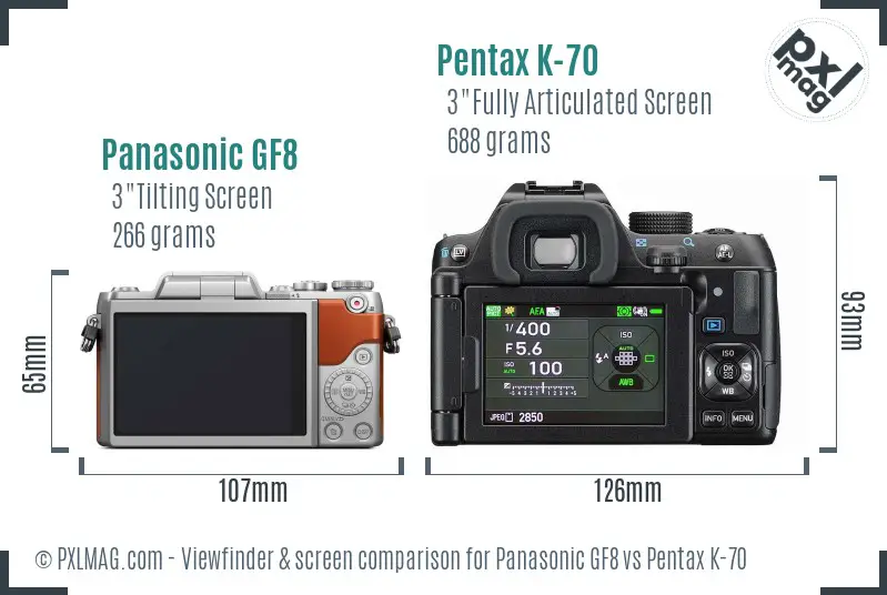 Panasonic GF8 vs Pentax K-70 Screen and Viewfinder comparison