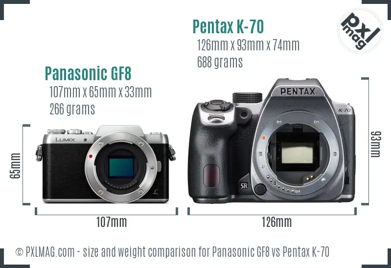 Panasonic GF8 vs Pentax K-70 size comparison