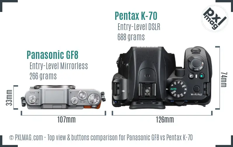 Panasonic GF8 vs Pentax K-70 top view buttons comparison