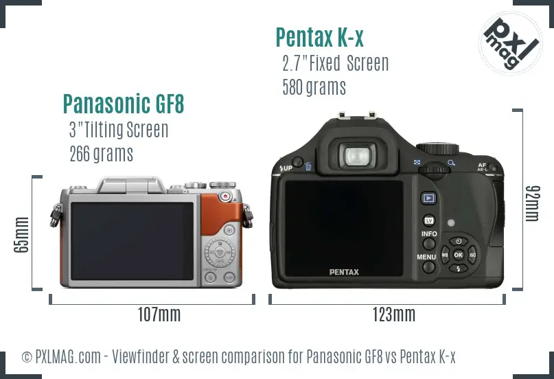 Panasonic GF8 vs Pentax K-x Screen and Viewfinder comparison