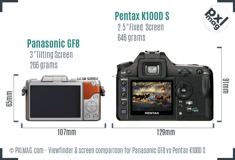 Panasonic GF8 vs Pentax K100D S Screen and Viewfinder comparison