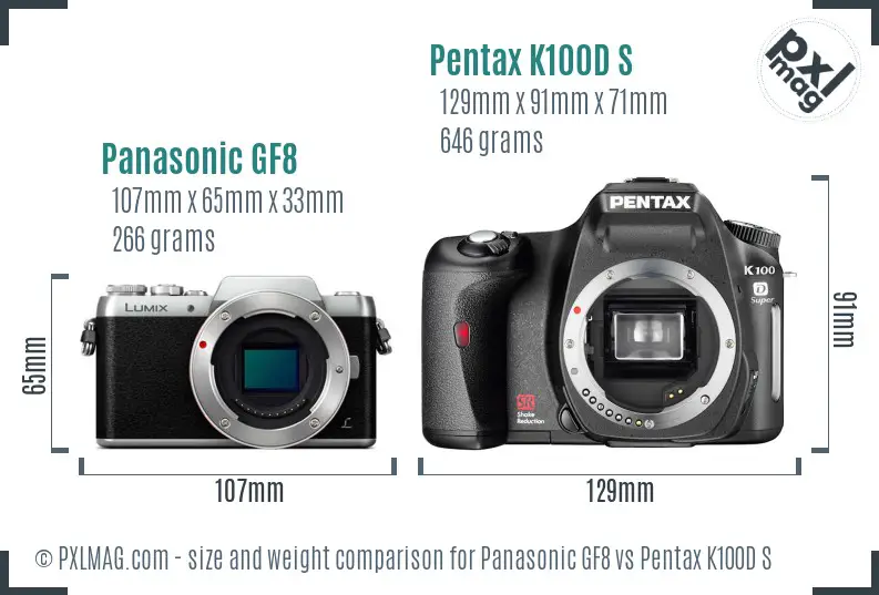 Panasonic GF8 vs Pentax K100D S size comparison