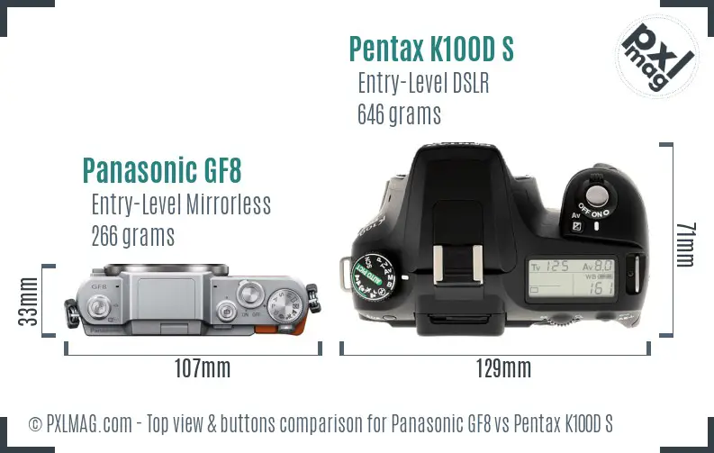 Panasonic GF8 vs Pentax K100D S top view buttons comparison