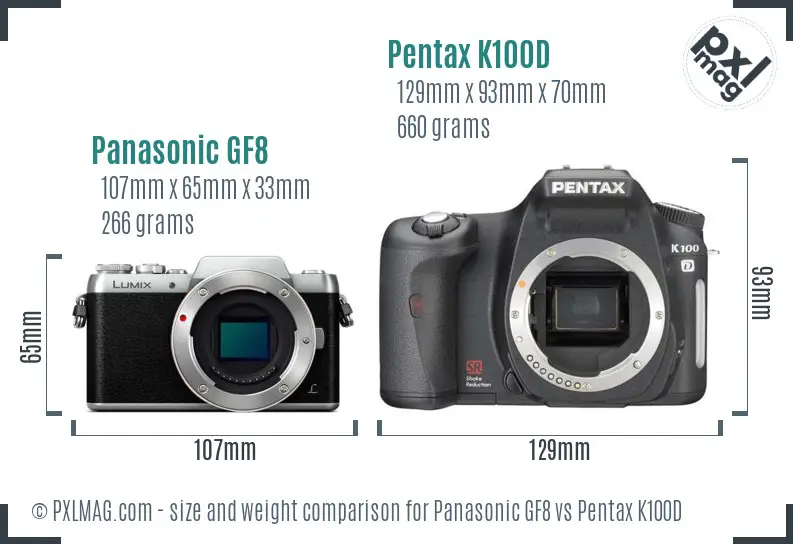 Panasonic GF8 vs Pentax K100D size comparison