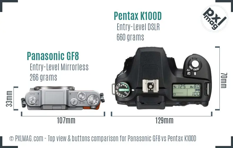 Panasonic GF8 vs Pentax K100D top view buttons comparison