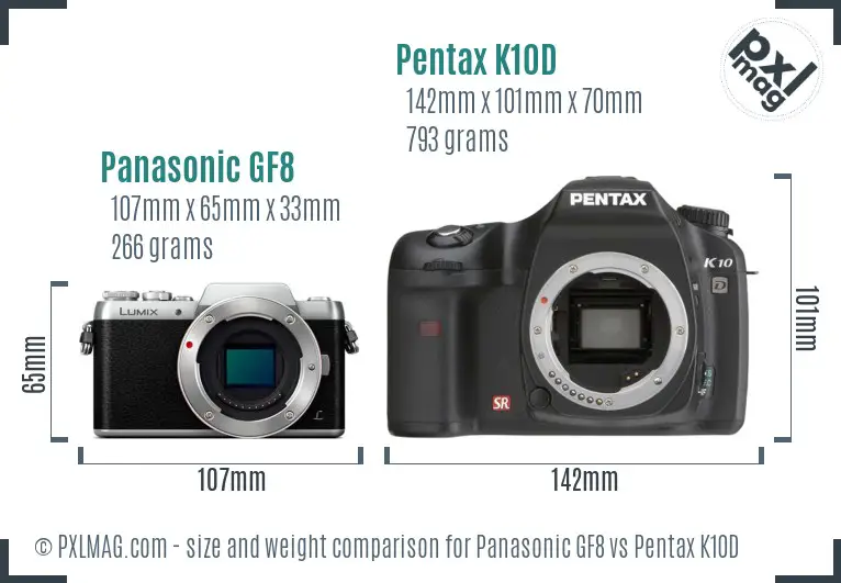 Panasonic GF8 vs Pentax K10D size comparison