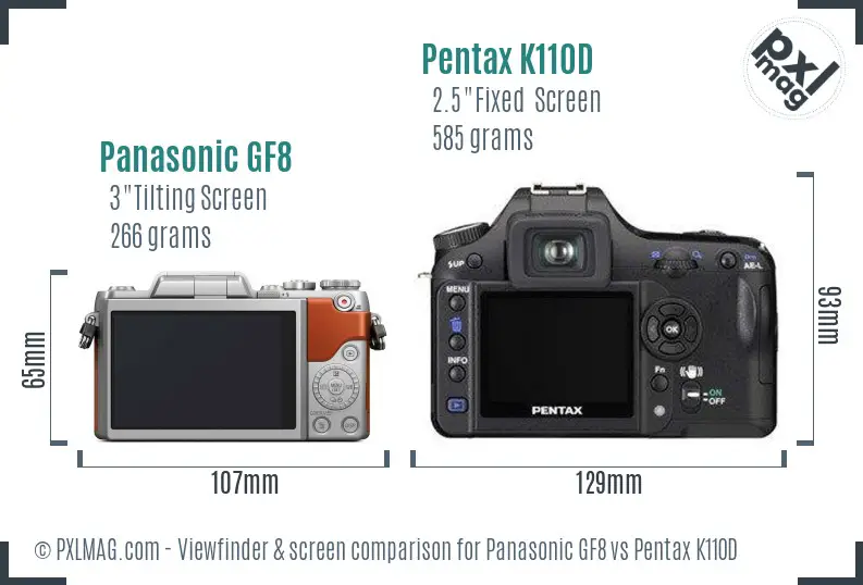 Panasonic GF8 vs Pentax K110D Screen and Viewfinder comparison