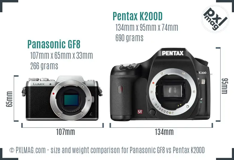 Panasonic GF8 vs Pentax K200D size comparison