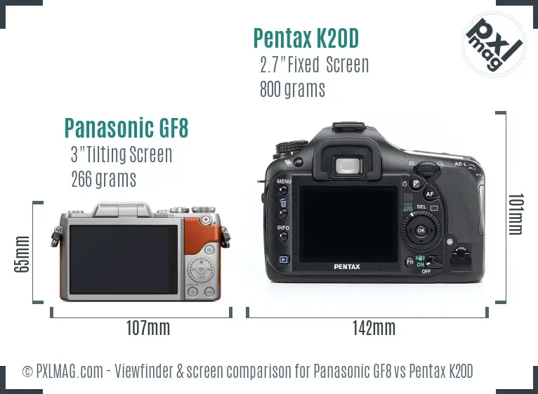 Panasonic GF8 vs Pentax K20D Screen and Viewfinder comparison