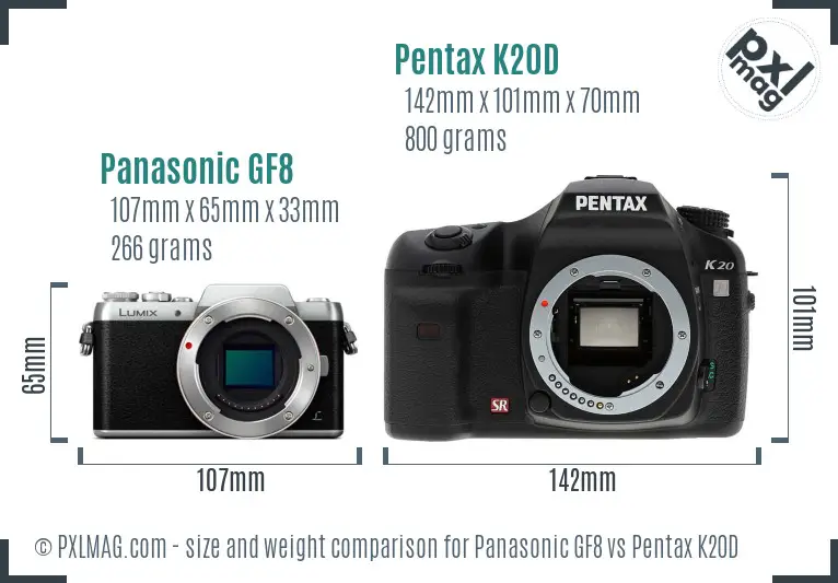 Panasonic GF8 vs Pentax K20D size comparison