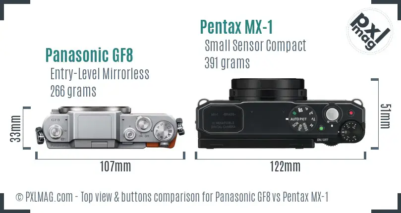 Panasonic GF8 vs Pentax MX-1 top view buttons comparison
