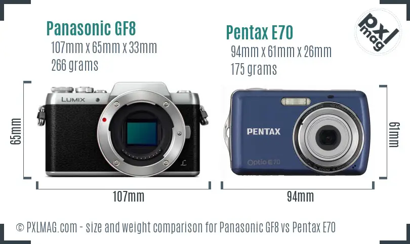 Panasonic GF8 vs Pentax E70 size comparison