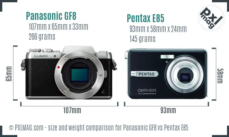 Panasonic GF8 vs Pentax E85 size comparison