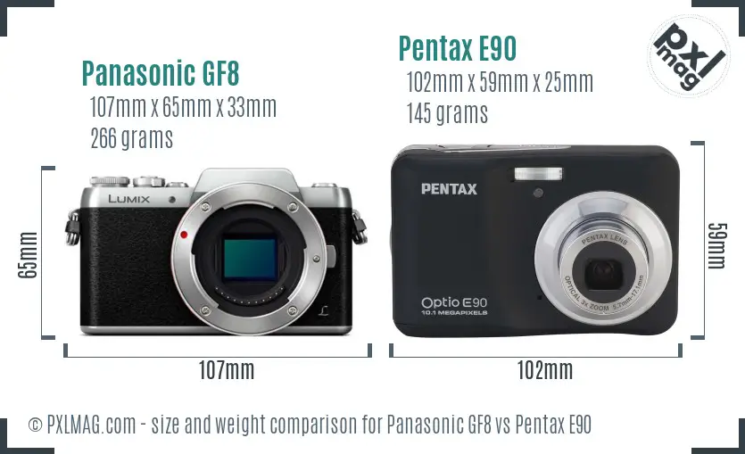 Panasonic GF8 vs Pentax E90 size comparison