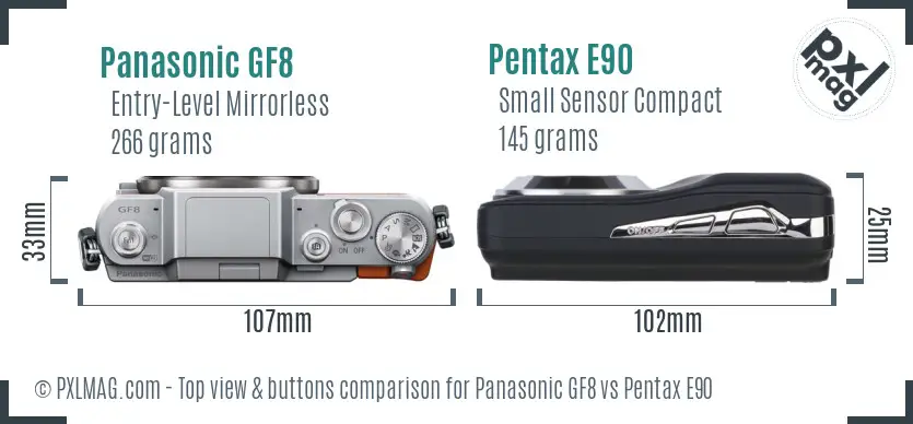 Panasonic GF8 vs Pentax E90 top view buttons comparison