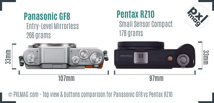 Panasonic GF8 vs Pentax RZ10 top view buttons comparison