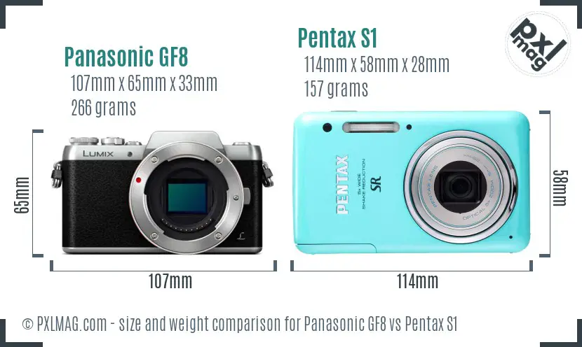 Panasonic GF8 vs Pentax S1 size comparison
