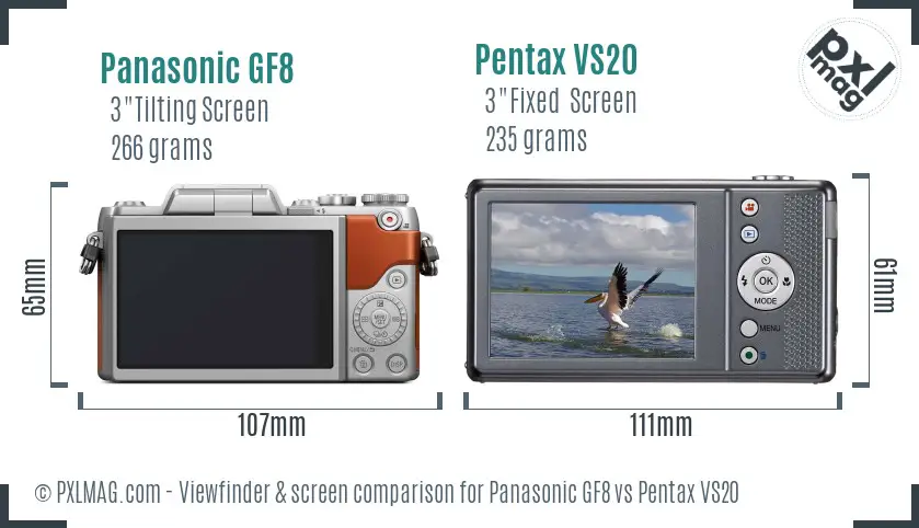 Panasonic GF8 vs Pentax VS20 Screen and Viewfinder comparison