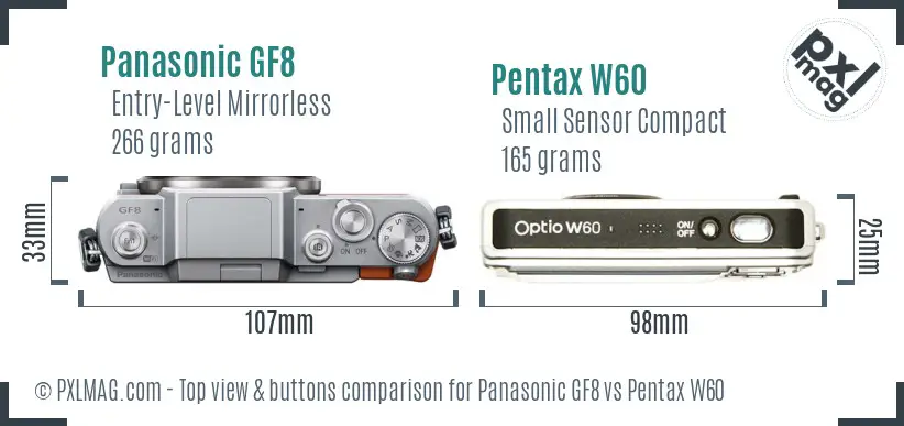 Panasonic GF8 vs Pentax W60 top view buttons comparison