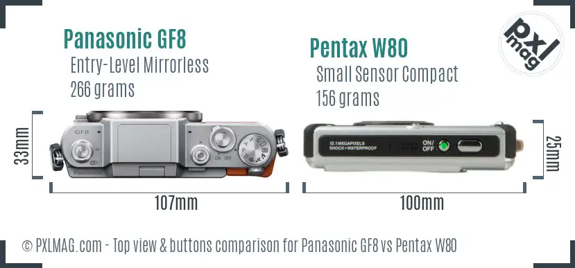Panasonic GF8 vs Pentax W80 top view buttons comparison