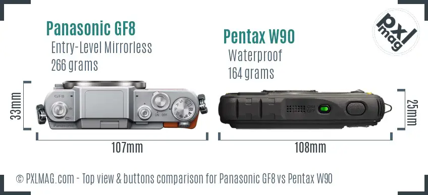 Panasonic GF8 vs Pentax W90 top view buttons comparison