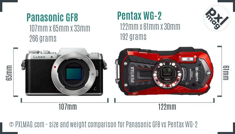 Panasonic GF8 vs Pentax WG-2 size comparison