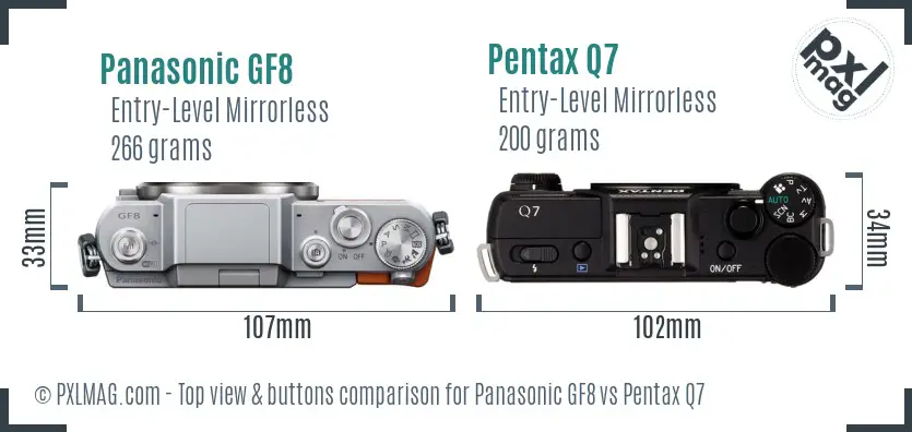 Panasonic GF8 vs Pentax Q7 top view buttons comparison