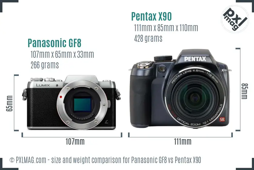 Panasonic GF8 vs Pentax X90 size comparison