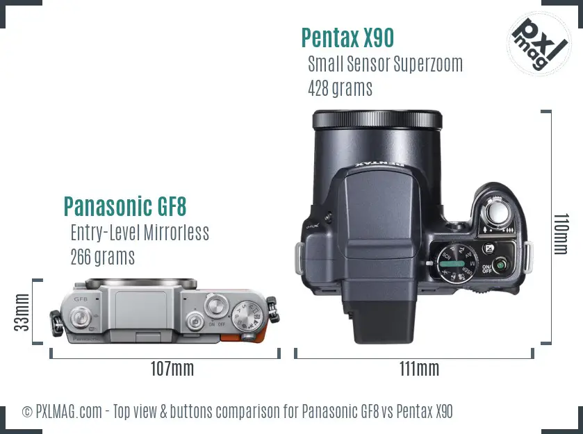 Panasonic GF8 vs Pentax X90 top view buttons comparison