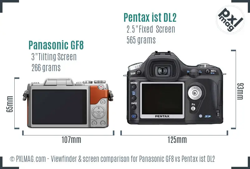 Panasonic GF8 vs Pentax ist DL2 Screen and Viewfinder comparison