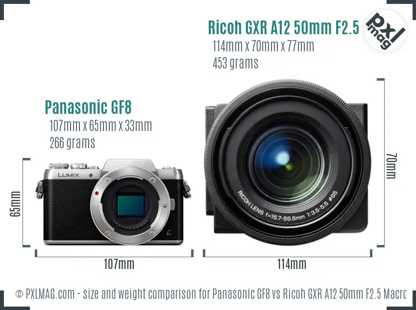 Panasonic GF8 vs Ricoh GXR A12 50mm F2.5 Macro size comparison