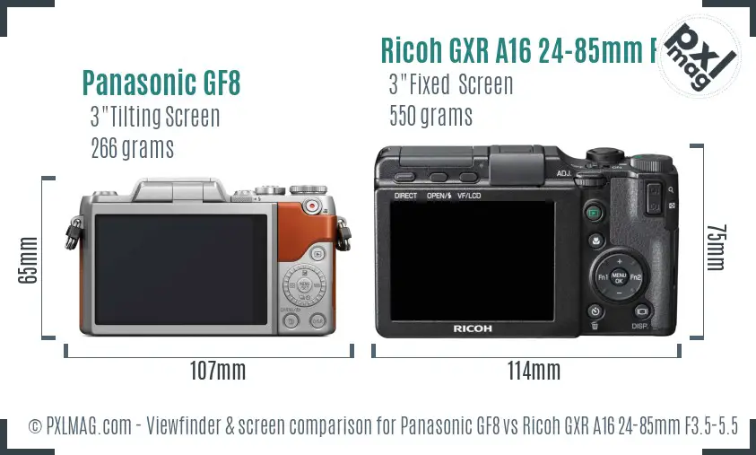 Panasonic GF8 vs Ricoh GXR A16 24-85mm F3.5-5.5 Screen and Viewfinder comparison
