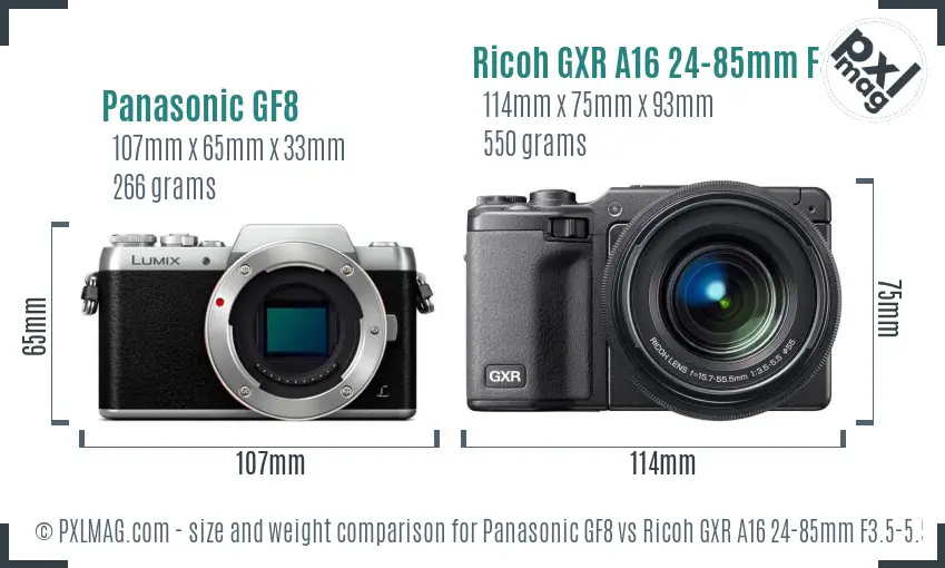 Panasonic GF8 vs Ricoh GXR A16 24-85mm F3.5-5.5 size comparison Panasonic GF8 vs Ricoh GXR A16 24-85mm F3.5-5.5 size comparison
