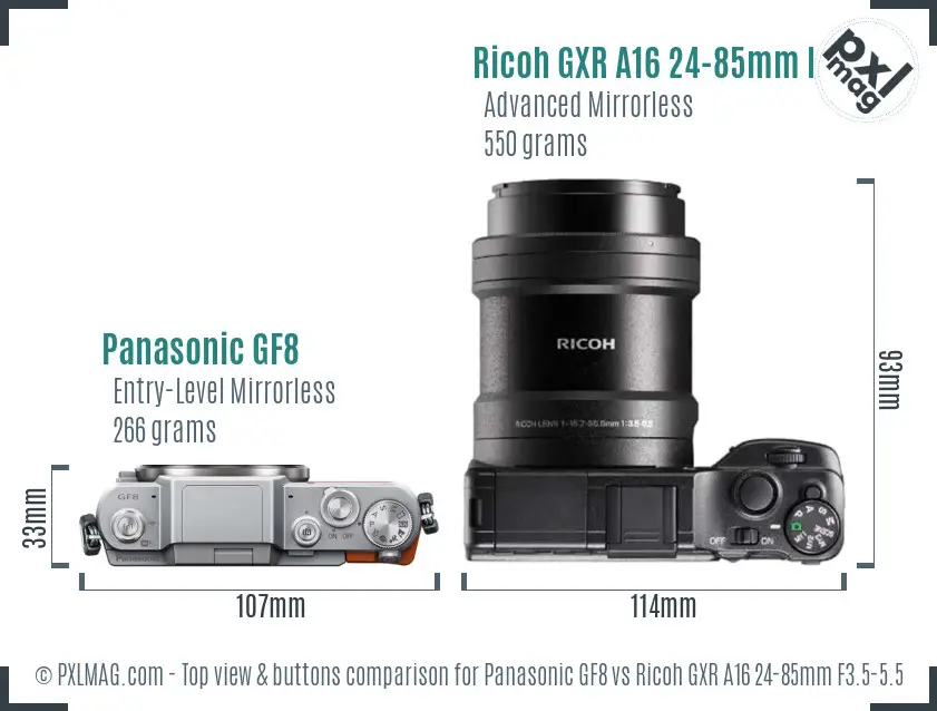 Panasonic GF8 vs Ricoh GXR A16 24-85mm F3.5-5.5 top view buttons comparison