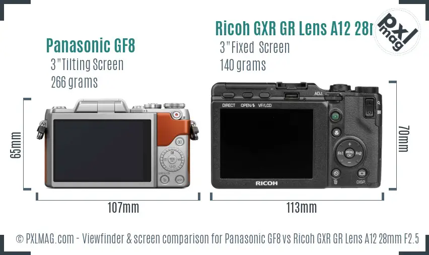 Panasonic GF8 vs Ricoh GXR GR Lens A12 28mm F2.5 Screen and Viewfinder comparison