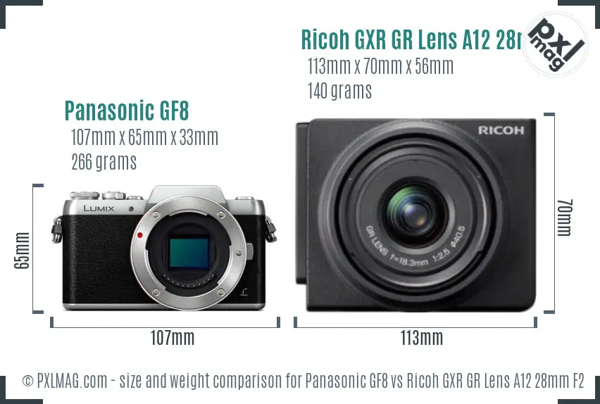 Panasonic GF8 vs Ricoh GXR GR Lens A12 28mm F2.5 size comparison