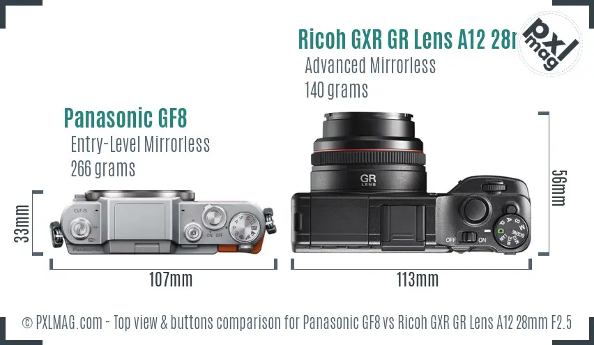 Panasonic GF8 vs Ricoh GXR GR Lens A12 28mm F2.5 top view buttons comparison