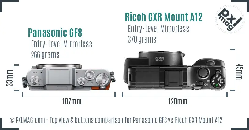 Panasonic GF8 vs Ricoh GXR Mount A12 top view buttons comparison