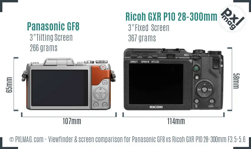 Panasonic GF8 vs Ricoh GXR P10 28-300mm F3.5-5.6 VC Screen and Viewfinder comparison