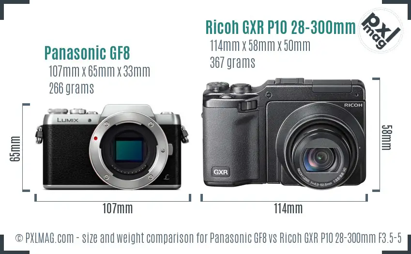 Panasonic GF8 vs Ricoh GXR P10 28-300mm F3.5-5.6 VC size comparison