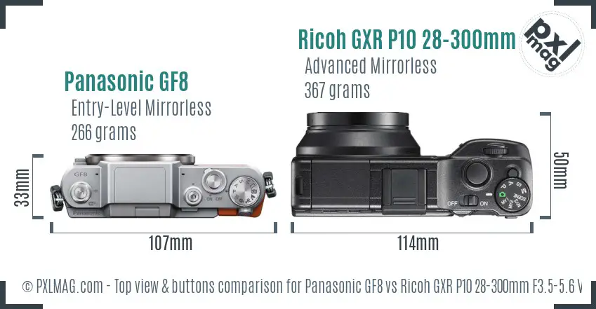 Panasonic GF8 vs Ricoh GXR P10 28-300mm F3.5-5.6 VC top view buttons comparison