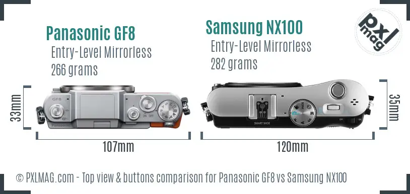 Panasonic GF8 vs Samsung NX100 top view buttons comparison