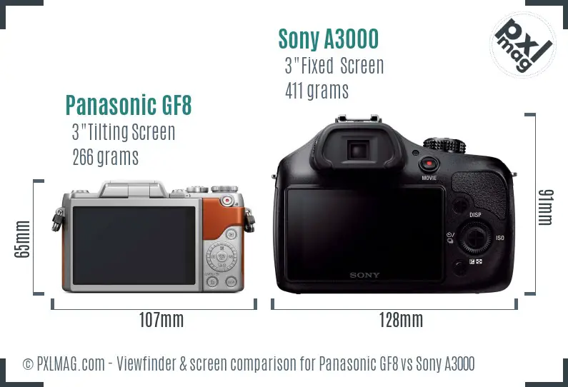 Panasonic GF8 vs Sony A3000 Screen and Viewfinder comparison